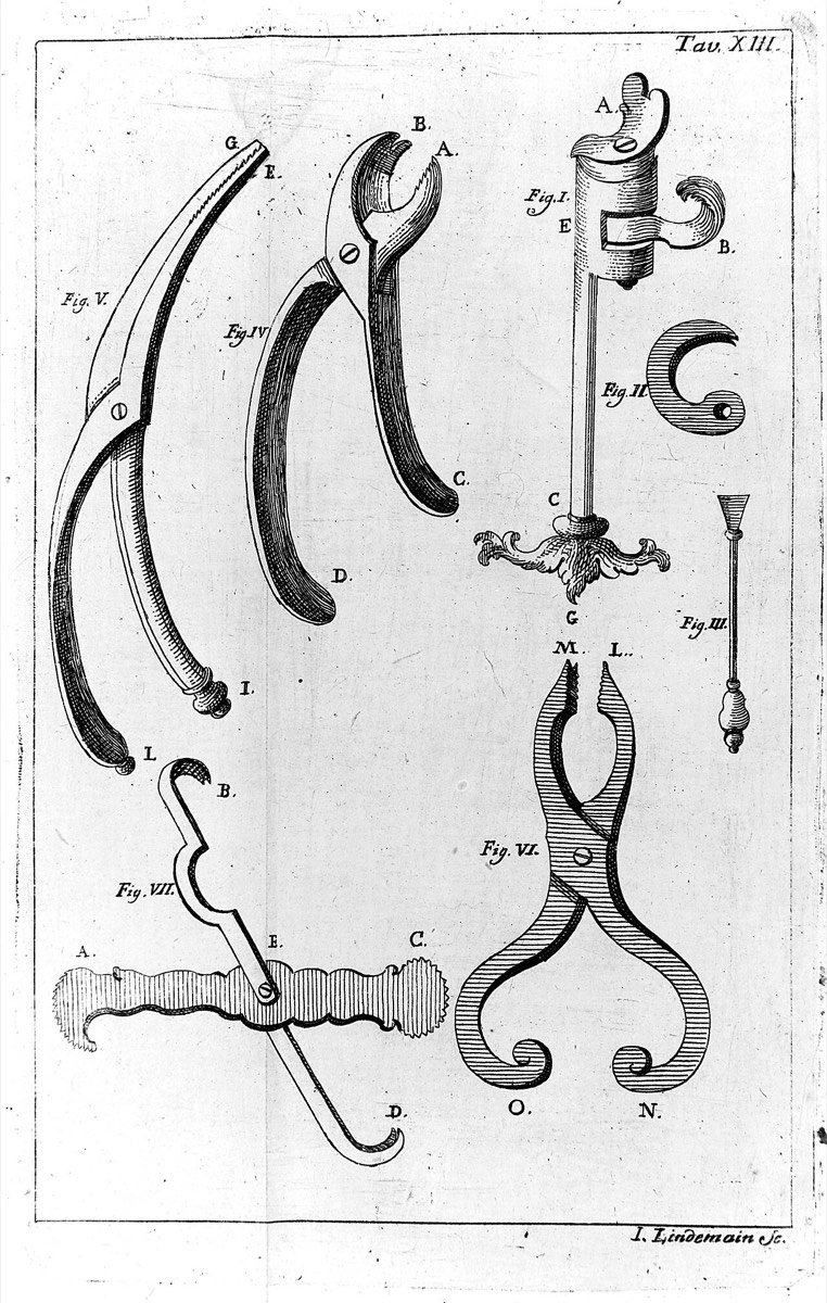 Lámina de instrumental dental del siglo XVIII